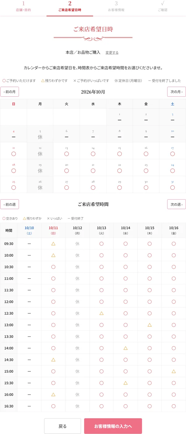 お客様が使う予約の画面。1週間分の空き具合が丸と三角で表示されている