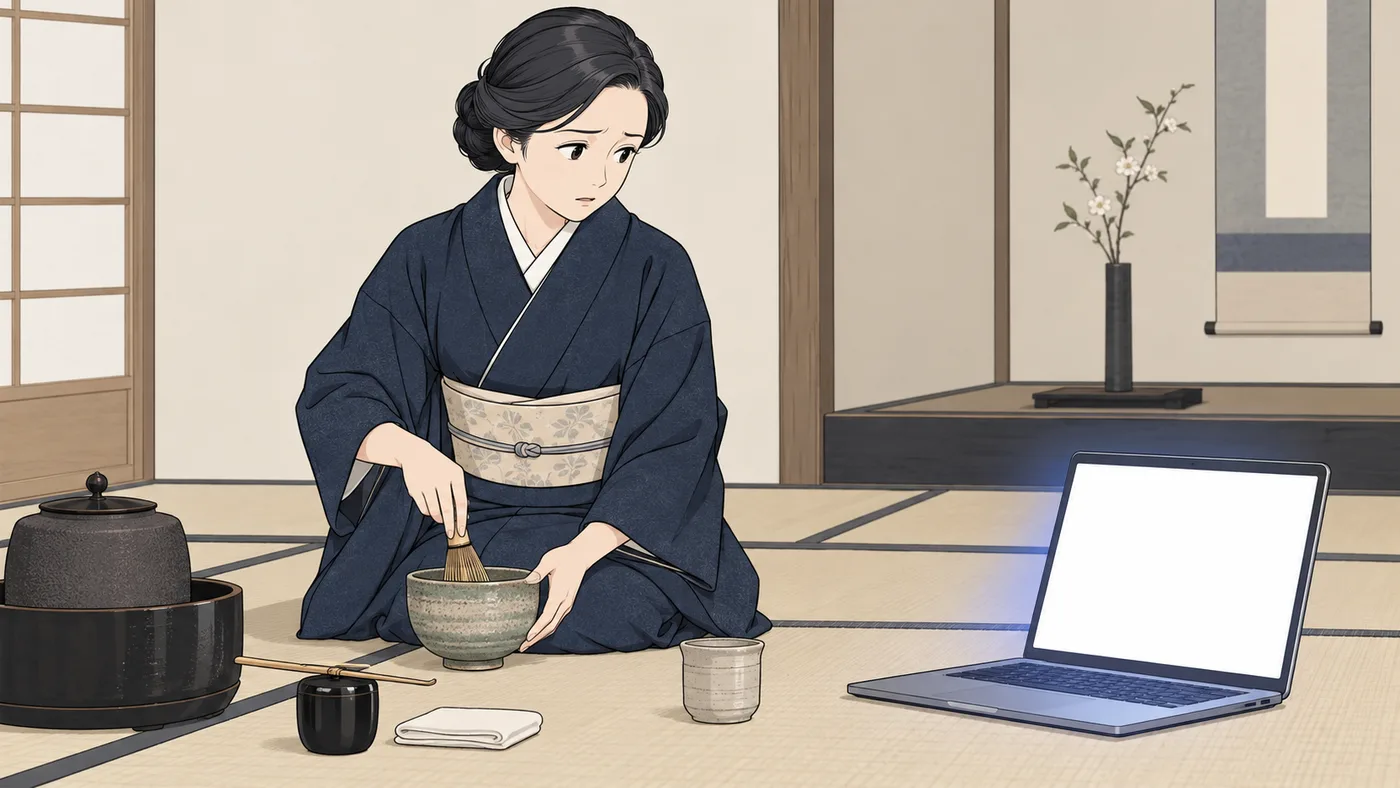 茶室で茶を点てながら、まだ何も無いホームページの画面に目をやる茶道の先生
