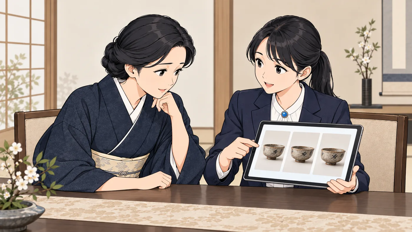 アオイが、同じ茶碗の写真が並んだページを見せ、先生が身を乗り出す