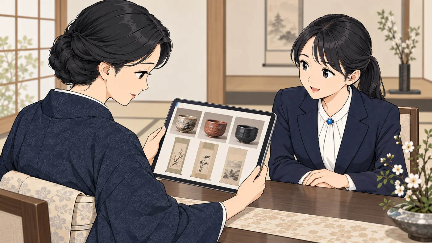 先生がタブレットで、茶碗や掛け軸の写真が並んだページを見て微笑む