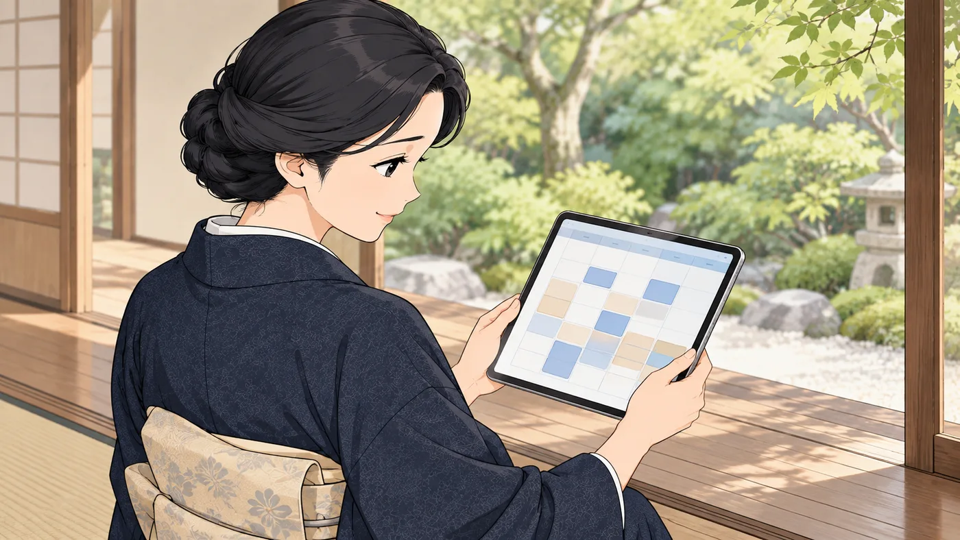 縁側で、タブレットの稽古の予約の画面を見る先生